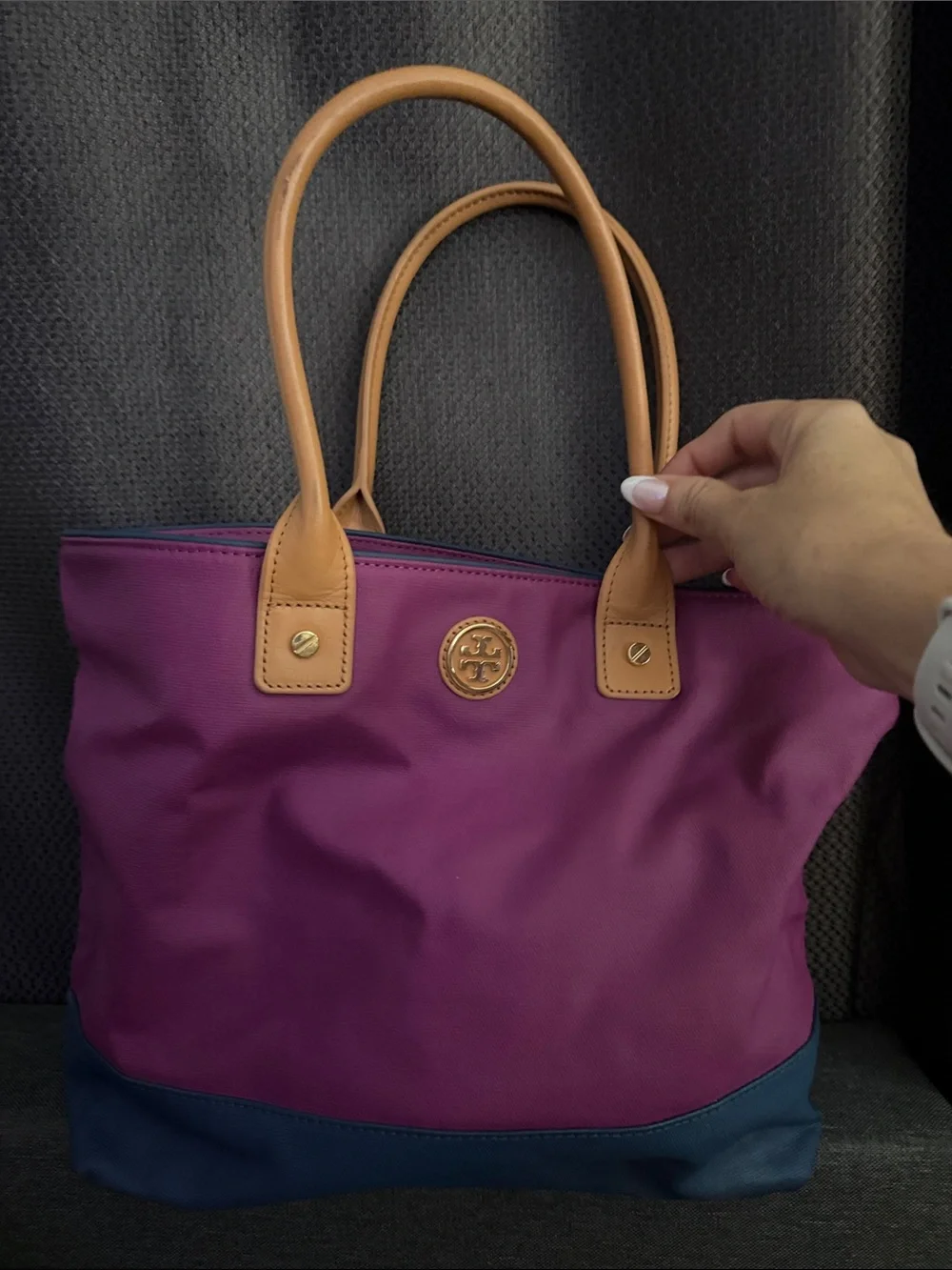 Tory Burch Magenta Nylon Tote with Tan Leather Handles and Navy Base